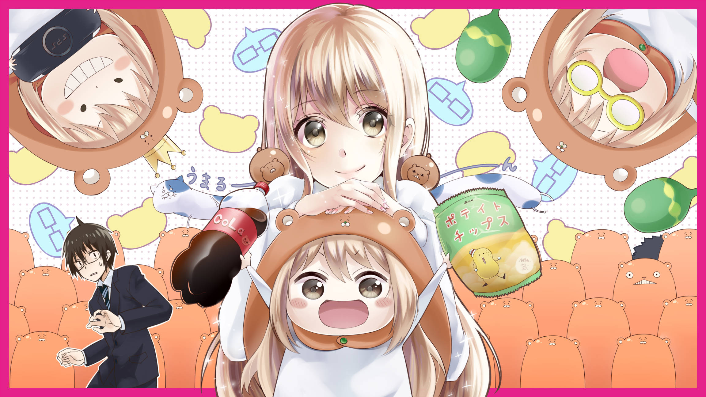Umaru 桌布 壁紙 — 一個開心的動畫女孩穿著熊服裝微笑，手持零食和汽水瓶，周圍有可愛的熊主題裝飾和漂浮角色。