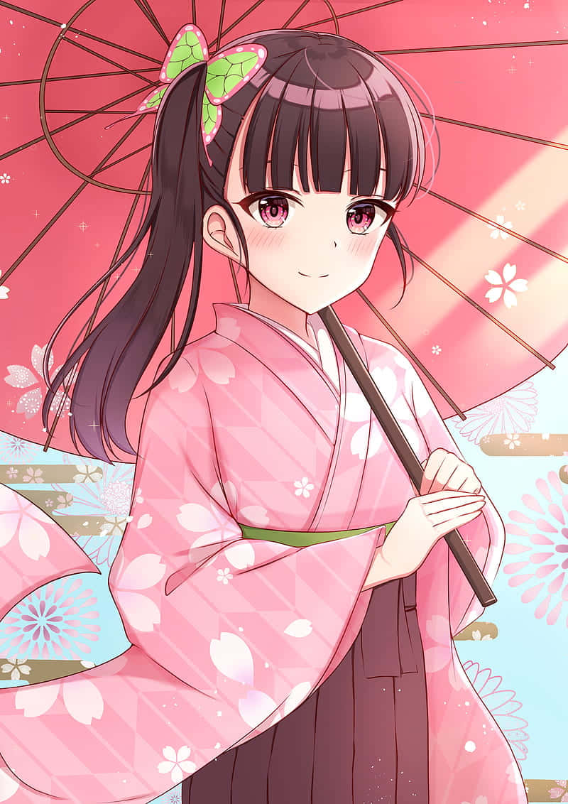 Demon Slayer Kanao 桌布 壁紙 — 一個開心的動畫女孩穿著粉紅色和服，拿著相配的雨傘，背景是花卉圖案。
