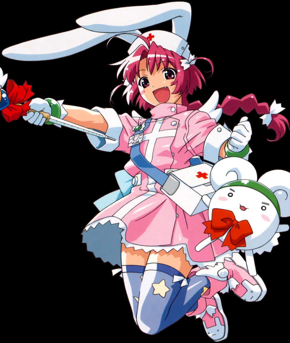 動漫女孩 桌布 壁紙 — 一個開心的動畫女孩穿著粉紅色護士服，戴著兔耳，騎著可愛的白色生物，在黑色背景上揮舞著劍。