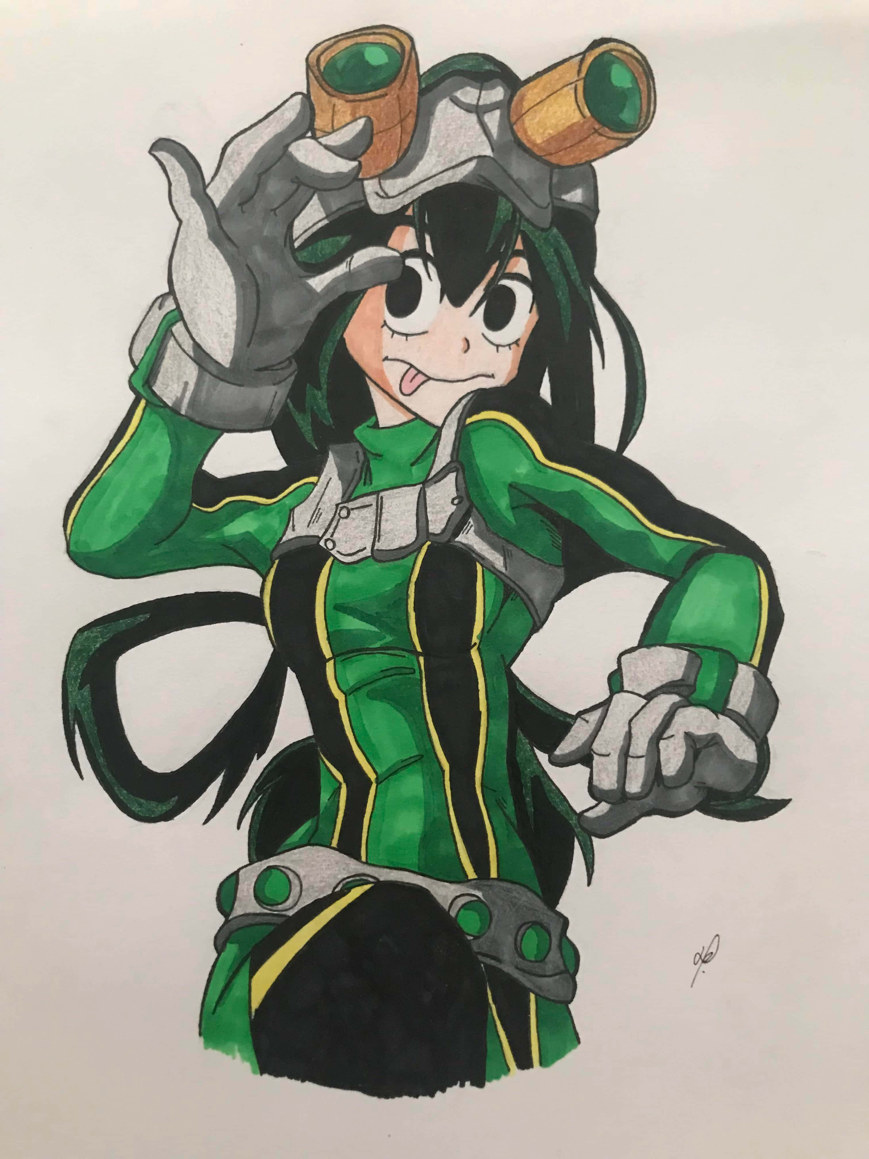 Froppy 桌布 壁紙 — 一個開心的動畫女孩穿著綠色和黑色的裝備，將望遠鏡舉到眼前，露出頑皮的伸舌頭表情。