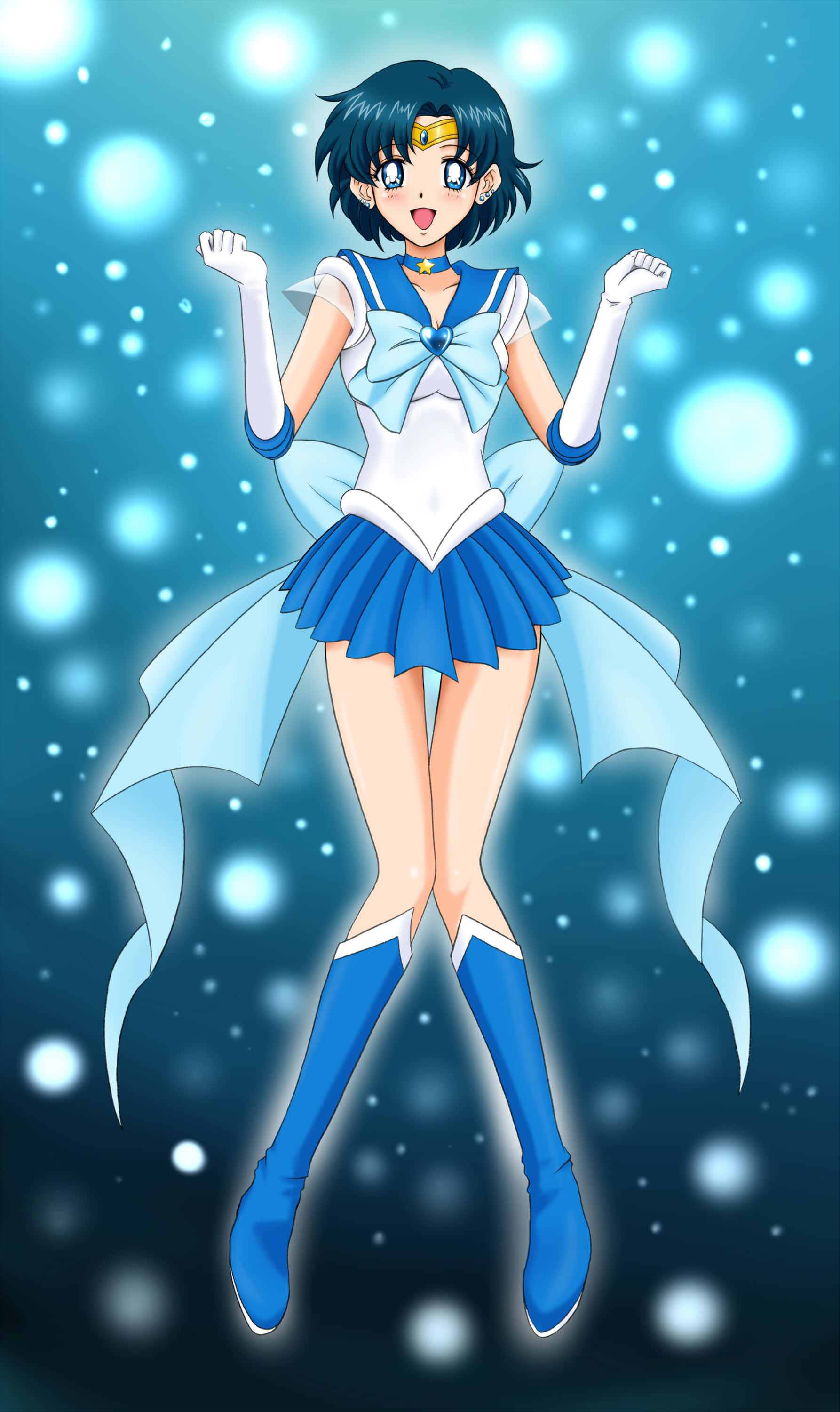 動漫 桌布 壁紙 — 一個開心的動畫女孩穿著藍白水手服，在星光閃爍的青綠色背景中漂浮於發光球體之間。