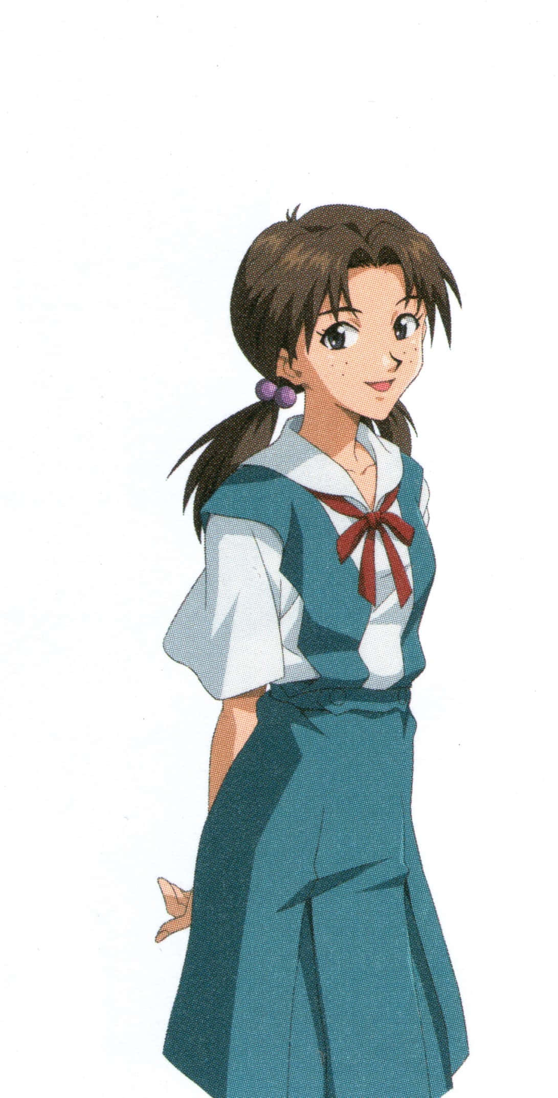 Hikari Horaki 桌布 壁紙 — 一個開心的動畫女孩穿著青綠色校服，繫著紅色蝴蝶結，在純白背景前微笑。