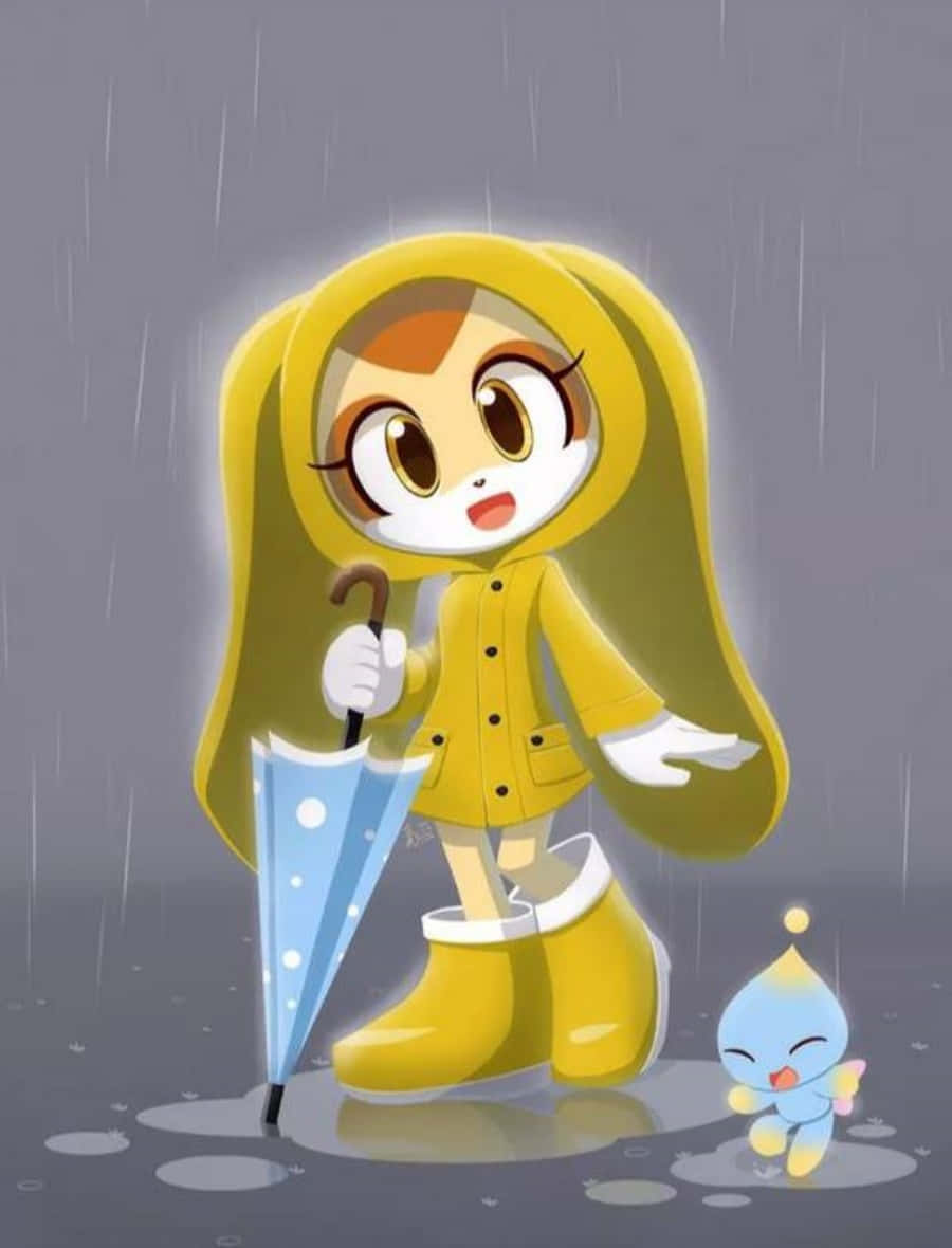 Cream The Rabbit 桌布 壁紙 — 一個開心的動畫女孩穿著黃色雨衣和靴子，拿著藍色雨傘，而一個藍色小生物在灰色雨中玩水坑。