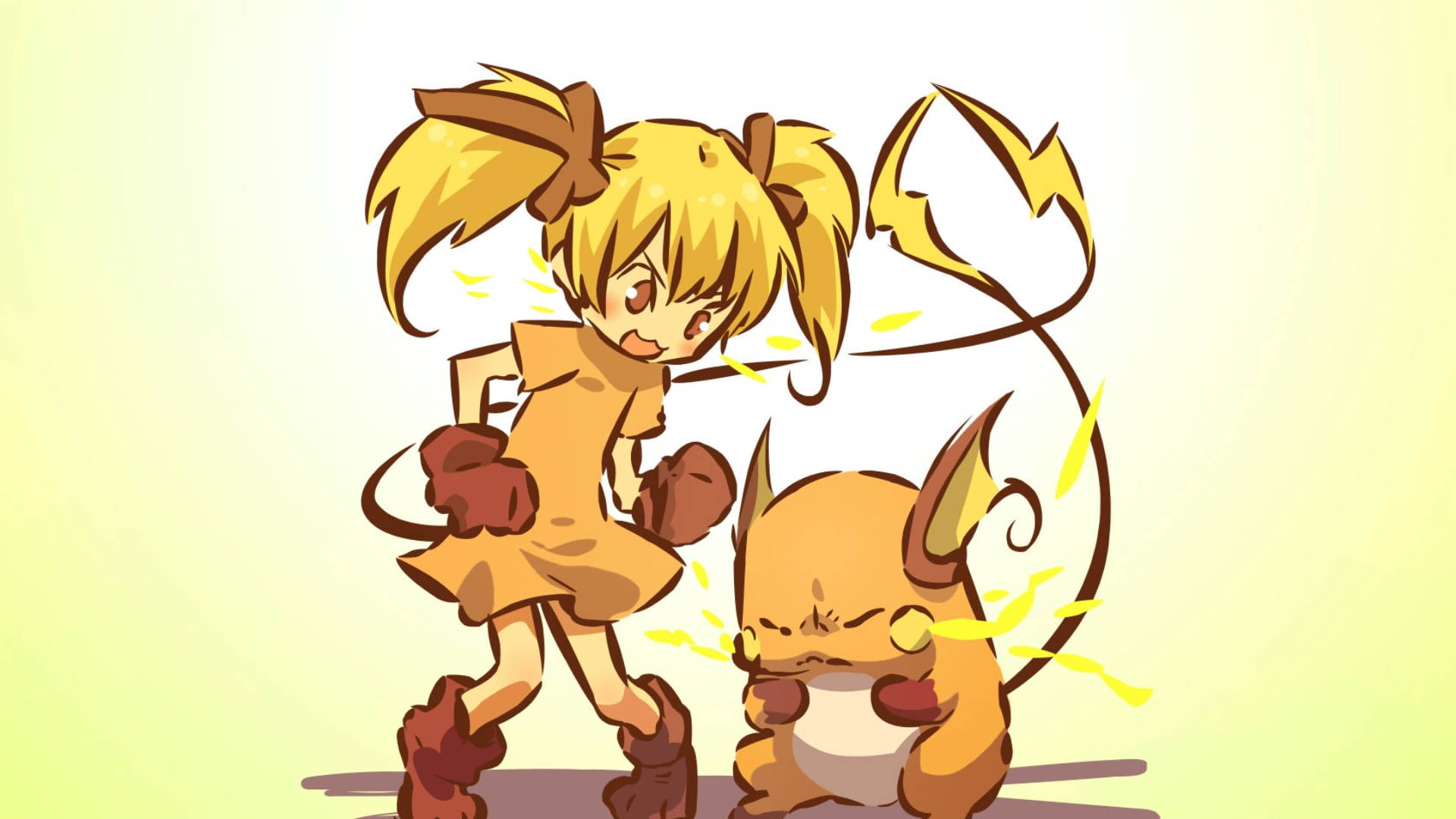 Raichu 桌布 壁紙 — 一個開心的動畫女孩紮著辮子，在明亮的黃色漸變背景中拳打一隻小型電系寶可夢。