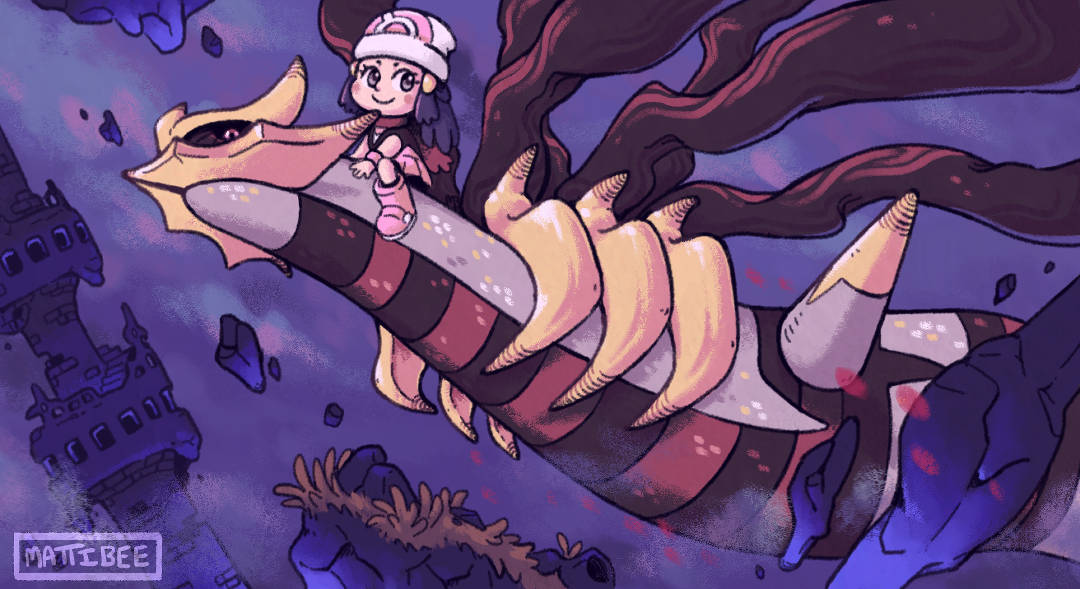 Giratina 桌布 壁紙 — 一個開心的動畫女孩騎著條紋龍穿過紫色天空，飛越浮動廢墟。