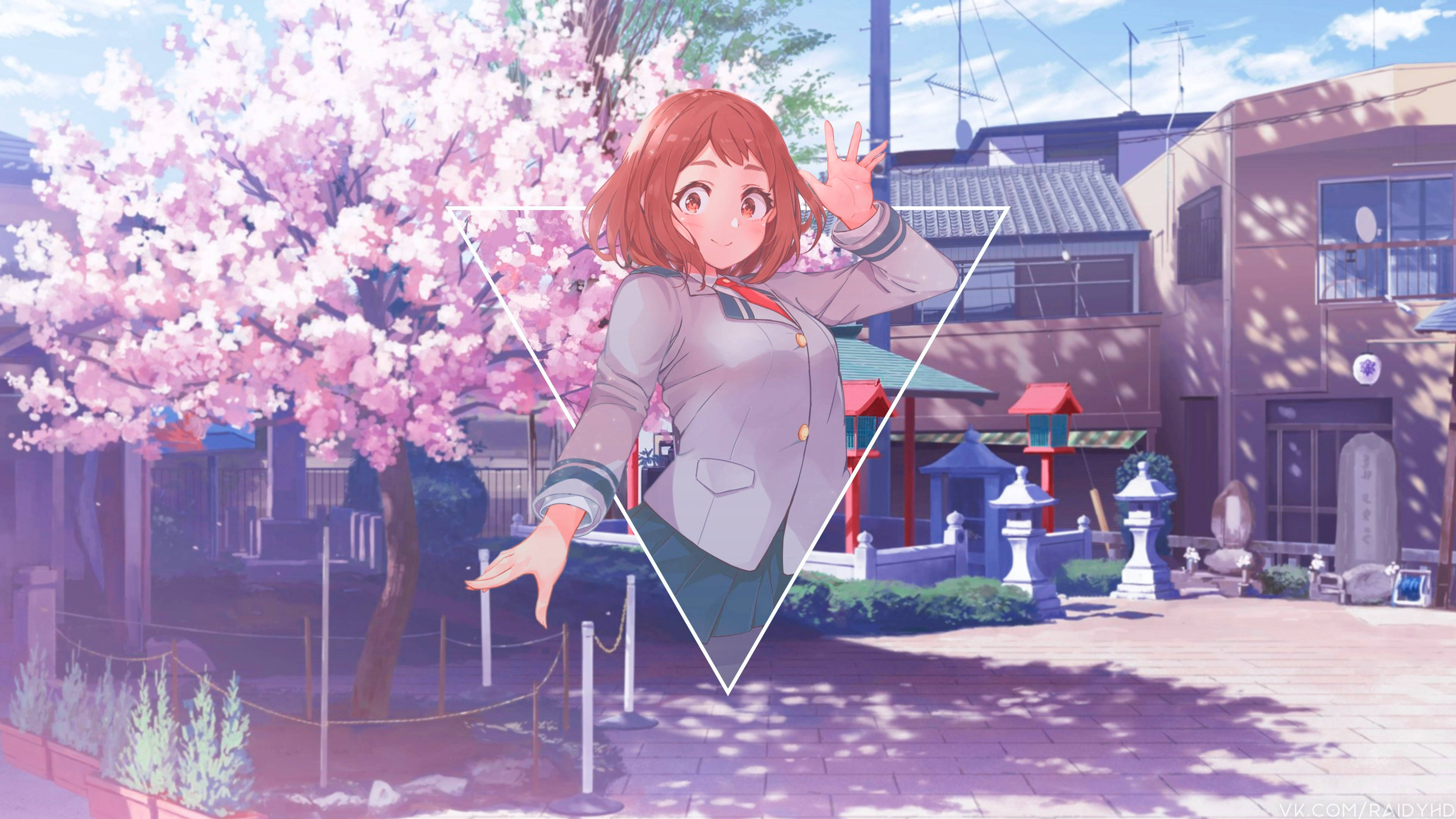 Uraraka 桌布 壁紙 — 一個開心的動畫女學生在陽光明媚的日本街道場景中，在盛開的粉紅色櫻花樹下揮手。