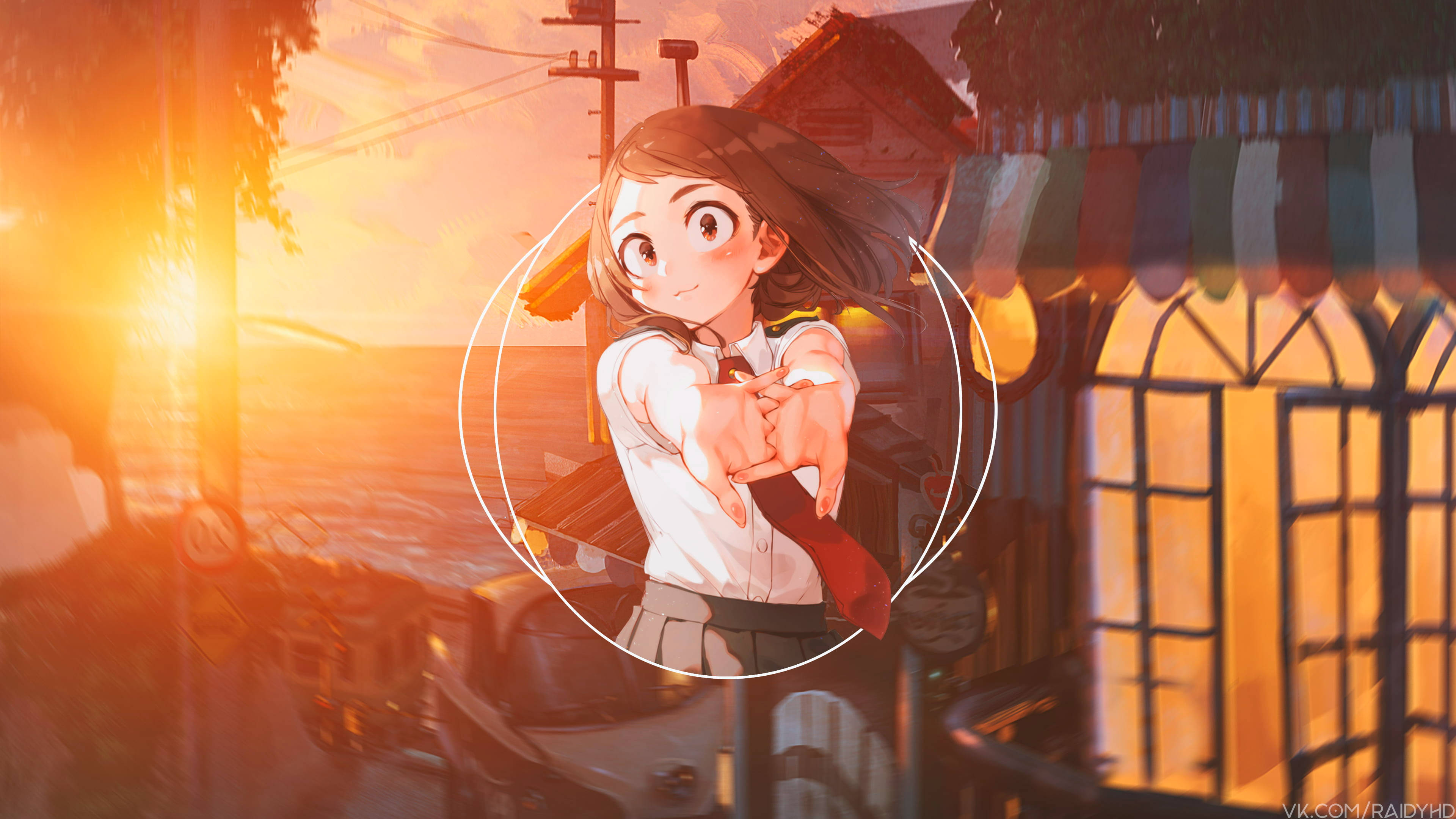 Uraraka 桌布 壁紙 — 一個開心的動畫女學生穿著校服，在溫暖的日落背景下，發光的窗戶和電線之間，向觀眾伸出手。