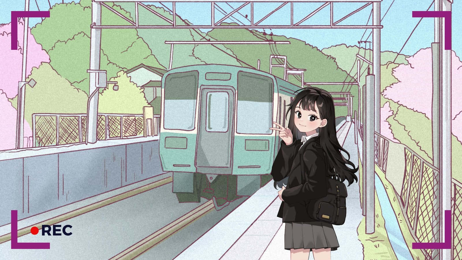 美學 桌布 壁紙 — 一個開心的動畫女學生穿著校服，在火車到達被綠丘和櫻花環繞的車站時向鏡頭揮手。