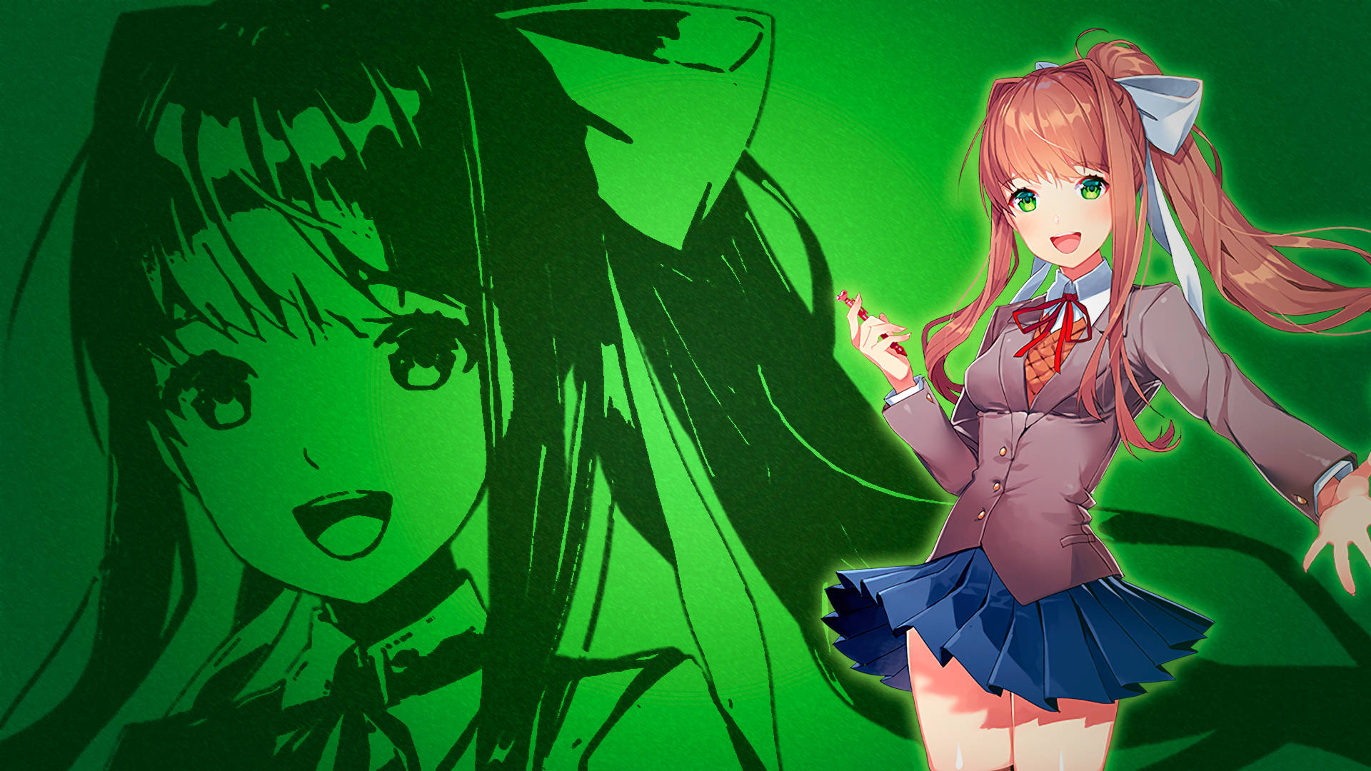 literature 桌布 壁紙 — 一個開心的動畫女學生穿著校服，在發光的綠色背景前燦爛微笑，背景中有另一個女孩的陰影輪廓。