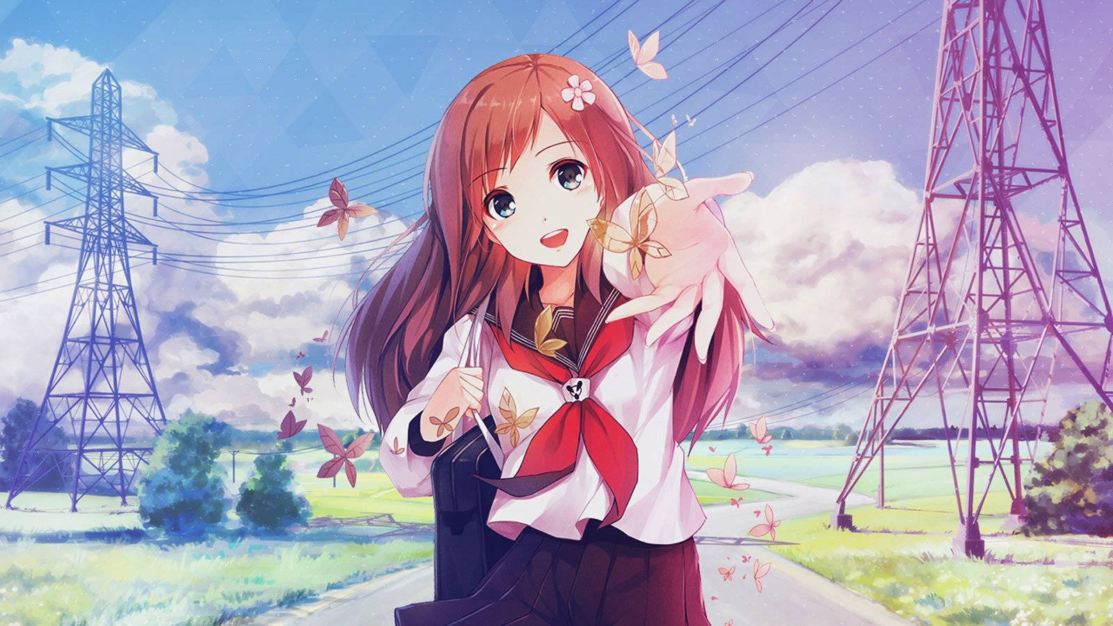 Butterflies 桌布 壁紙 — 一個開心的動畫女學生穿著校服，在明亮的天空下，蝴蝶在電線附近飛舞，她微笑著。