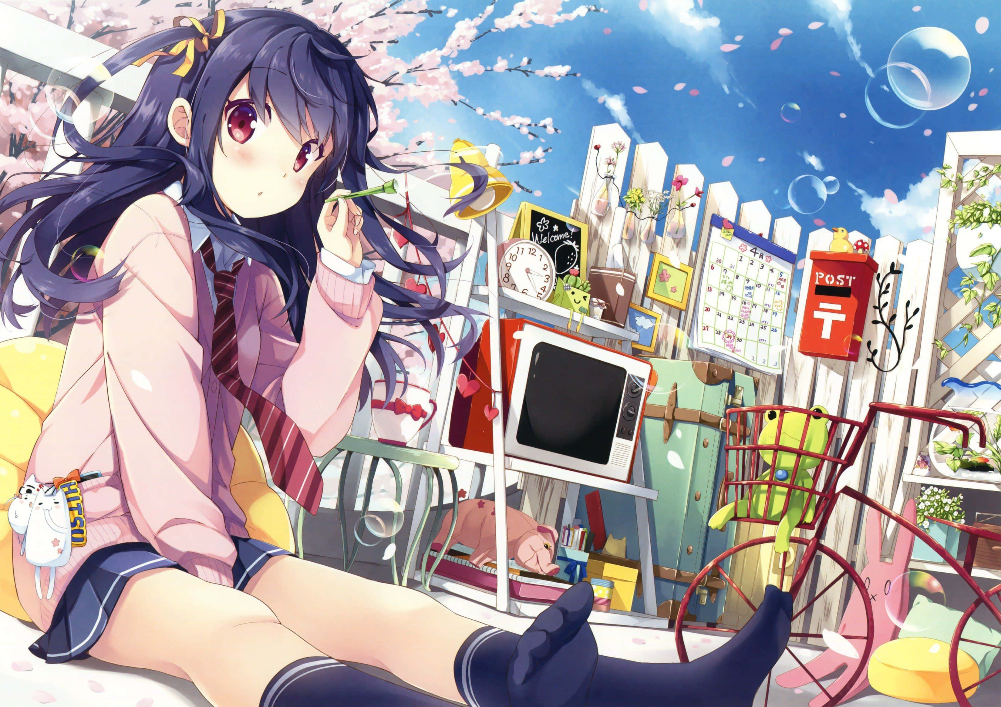 動漫 桌布 壁紙 — 一個開心的動畫女學生穿著校服，坐在盛開櫻花下一個古怪雜亂的庭院中。