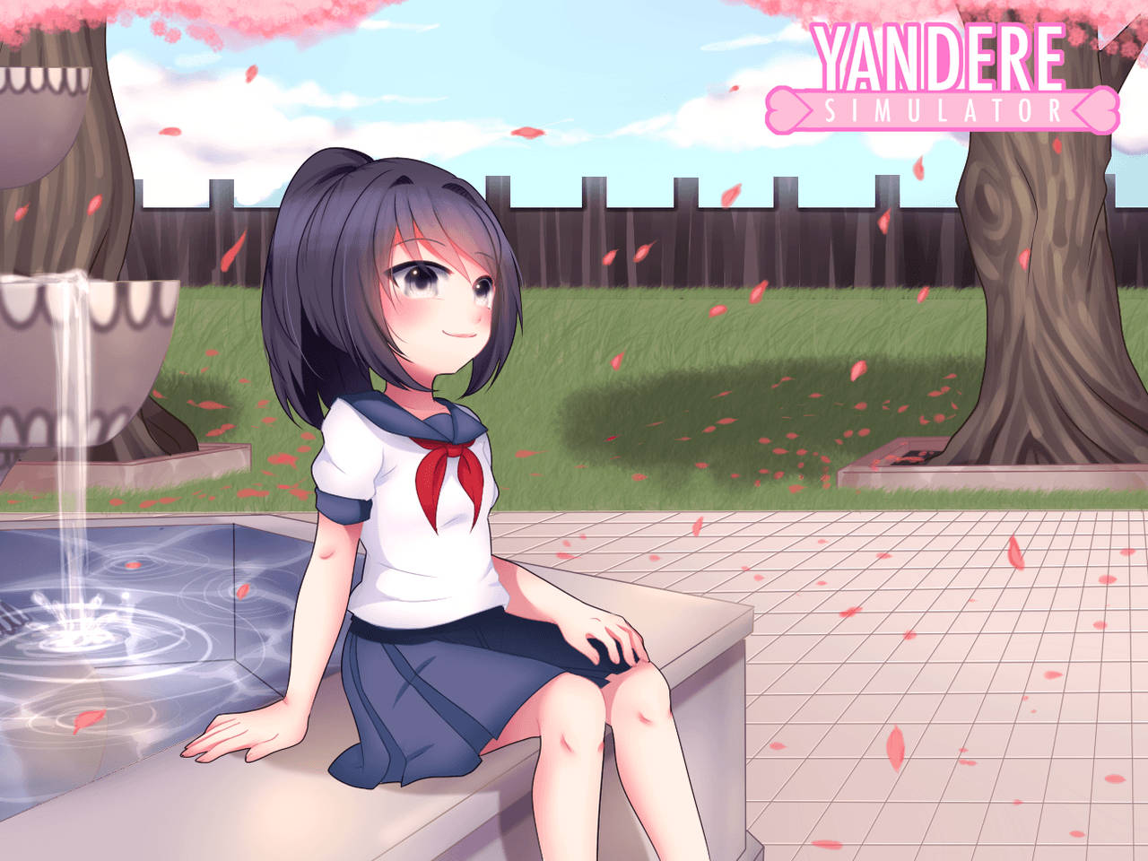Yandere 桌布 壁紙 — 一個開心的動畫女學生穿著校服坐在噴泉旁，櫻花在陽光明媚的庭院中飄揚。