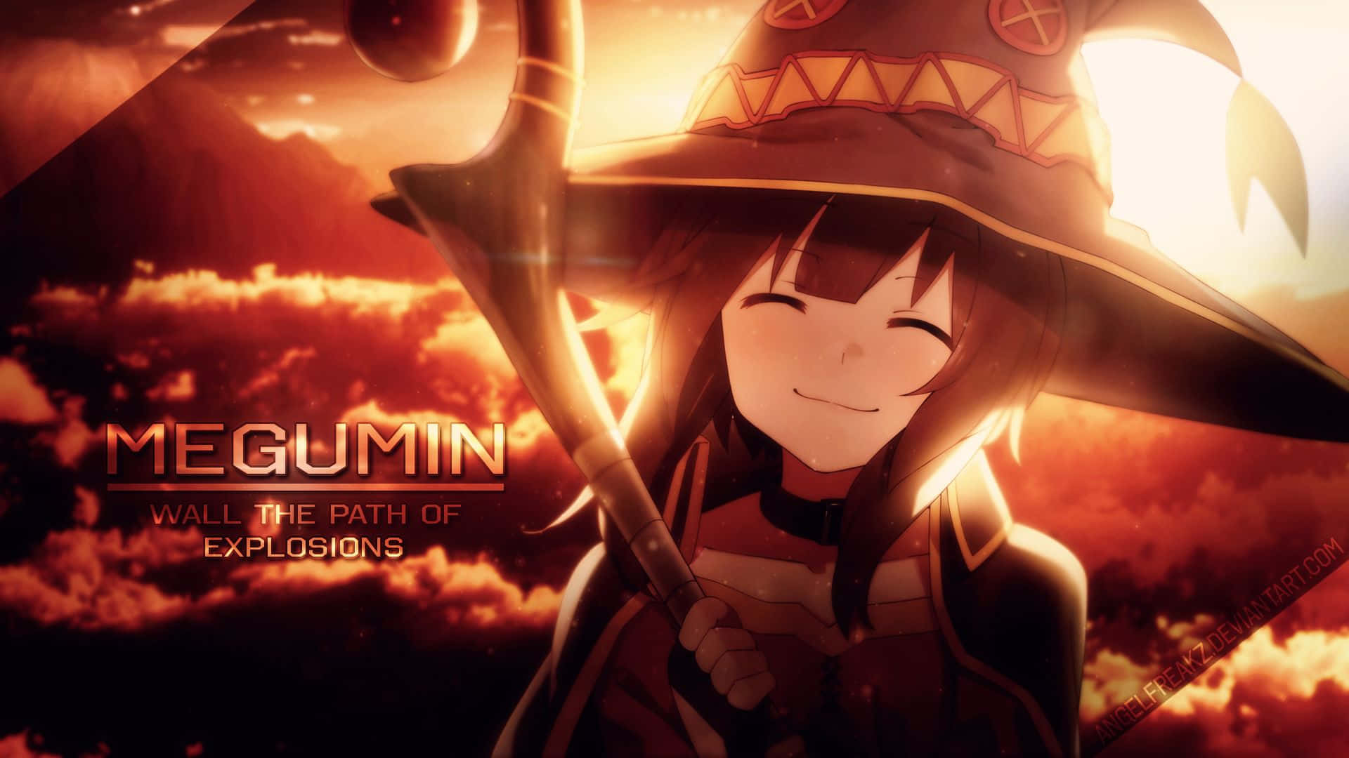 Konosuba God's Blessing On This Wonderful World 桌布 壁紙 — 一個開心的動畫女巫咧嘴大笑，在戲劇性的火燒雲夕陽天空下拿著法杖。