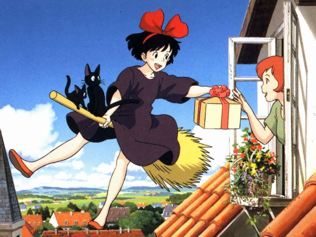 kiki's delivery service 桌布 壁紙 — 一個開心的動畫女巫騎著掃帚飛越屋頂，將禮物送給窗邊的女孩。