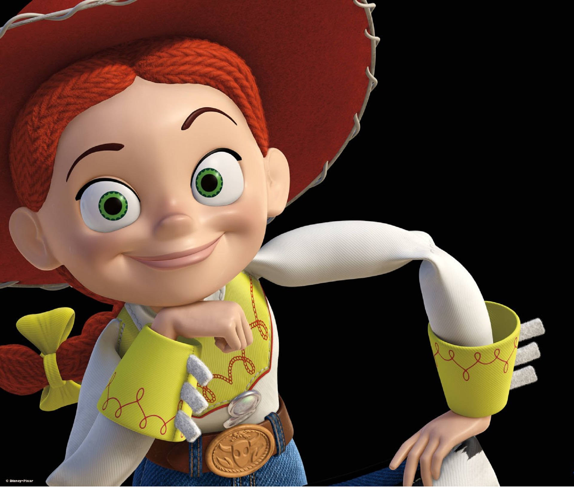 Toy Story 3 桌布 壁紙 — 一個開心的動畫女牛仔，紅色辮子頭髮和綠色眼睛，靠著手臂微笑，背景為黑色。