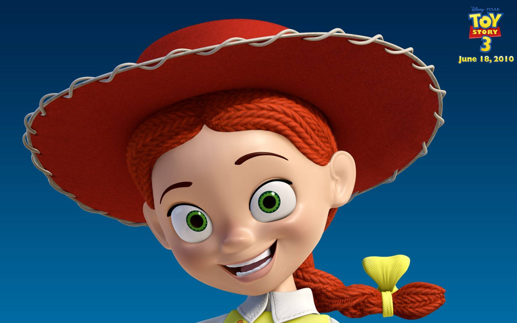 Jessie 桌布 壁紙 — 一個開心的動畫女牛仔，紅色辮子頭髮，笑容燦爛，戴著紅色帽子，背景是純藍色。