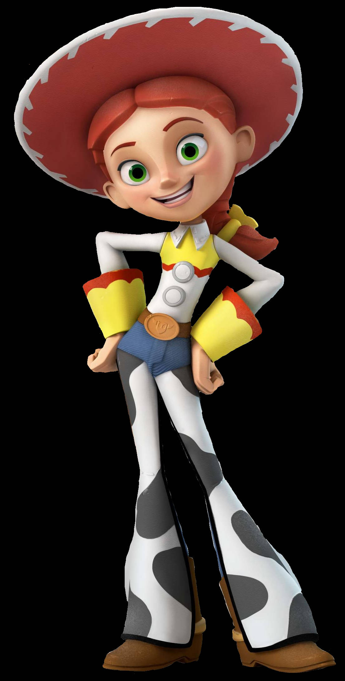 Jessie 桌布 壁紙 — 一個開心的動畫女牛仔，綠色眼睛，戴著紅色帽子，穿著黃白色服裝自信地站著。
