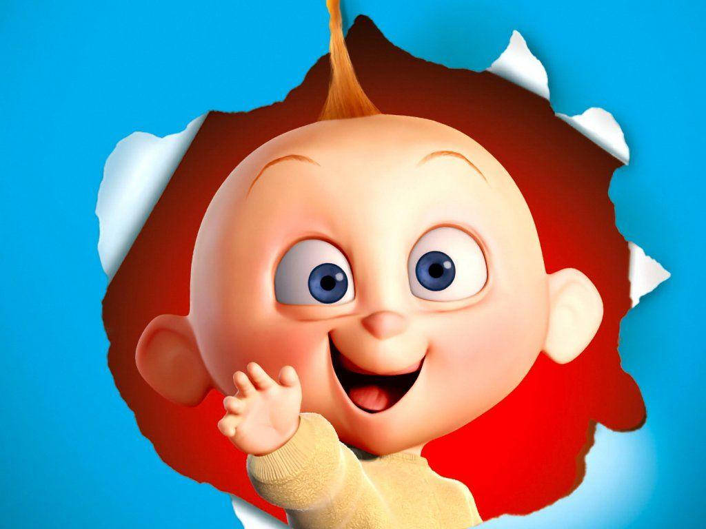 Jack Jack 桌布 壁紙 — 一個開心的動畫嬰兒，藍眼睛，一撮紅髮，從撕破的藍色紙張中探出頭來，露出鮮紅色的背景。