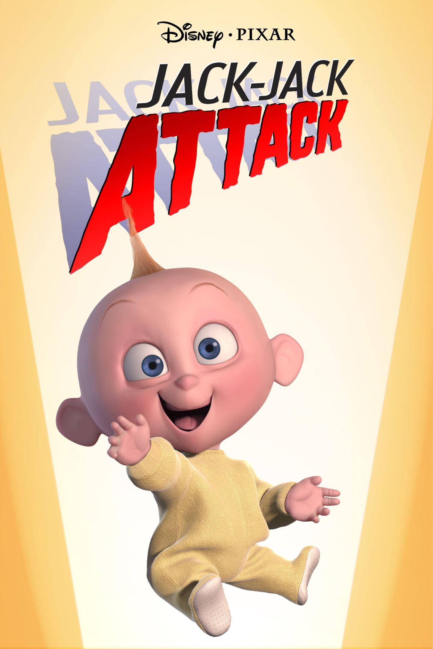 Jack Jack 桌布 壁紙 — 一個開心的動畫嬰兒，藍色眼睛，一撮頭髮，在溫暖的黃色漸變背景上愉快地漂浮。
