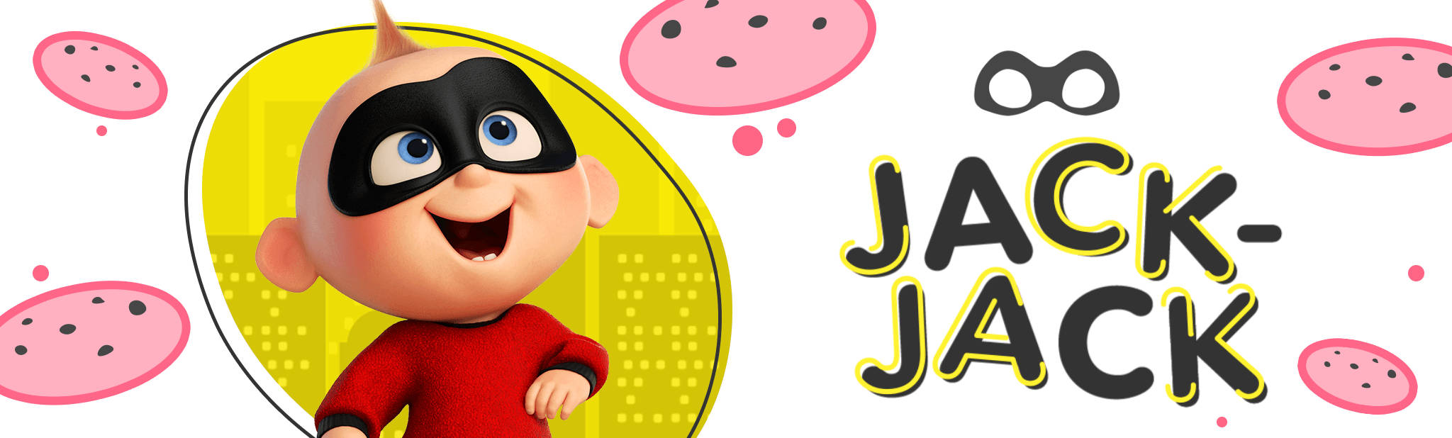 Jack Jack 桌布 壁紙 — 一個開心的動畫嬰兒超級英雄，穿著紅色套裝和黑色面具，在他的名字旁邊用粗體黃色字微笑。