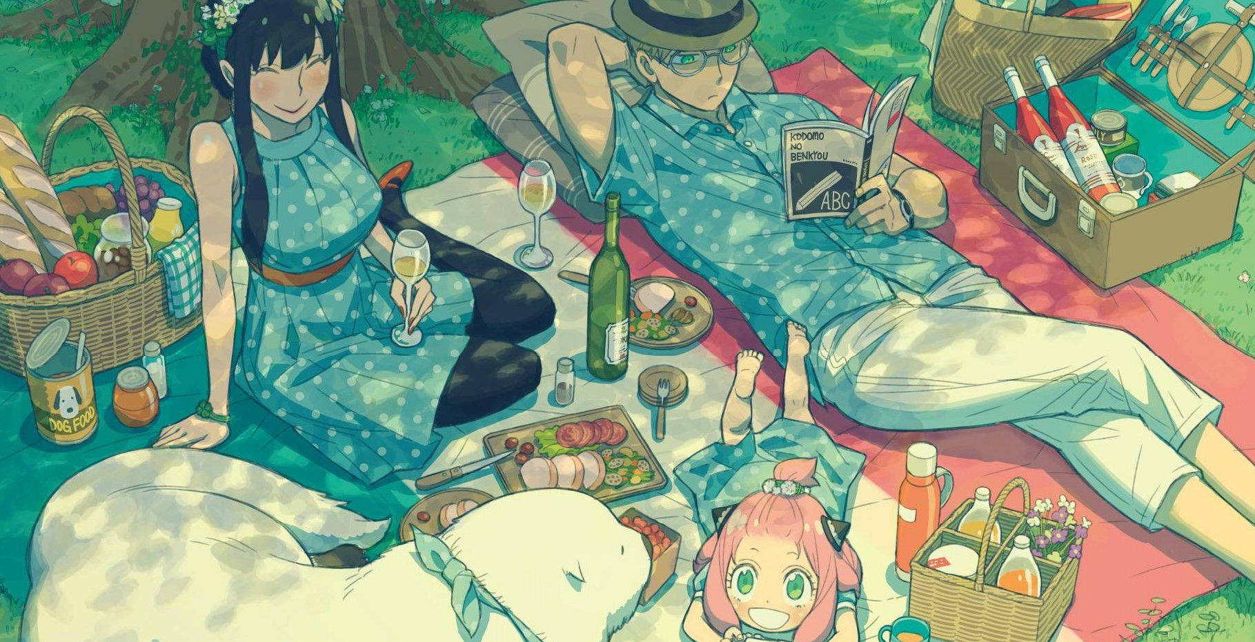 Top Anime 桌布 壁紙 — 一個開心的動畫家庭在陽光普照的草地上，於樹下野餐，有食物、酒和一隻狗。