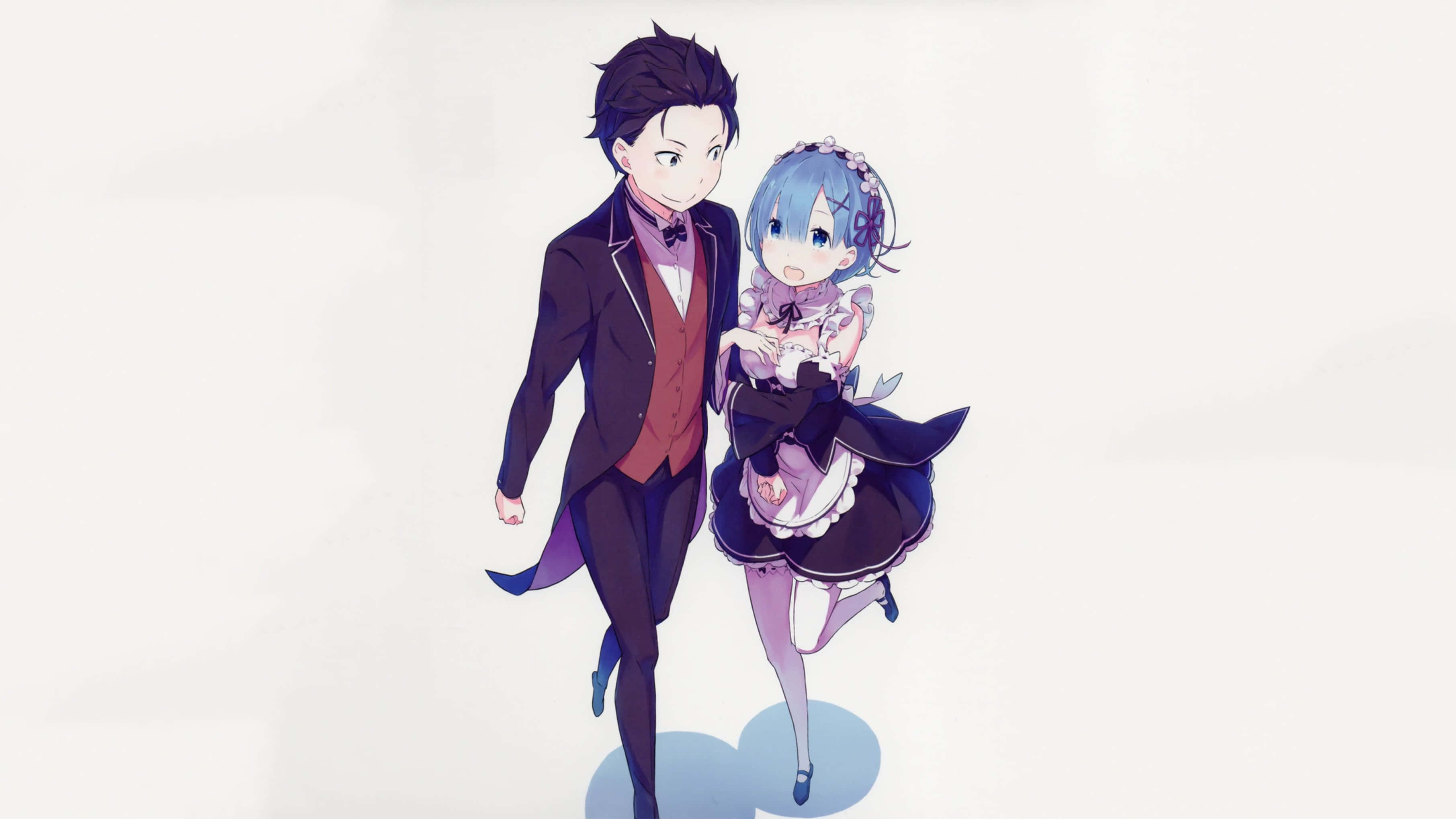 Subaru Natsuki 桌布 壁紙 — 一個開心的動畫情侶一起走，一個穿西裝的男孩和一個穿女僕裝的女孩，背景是純白色。
