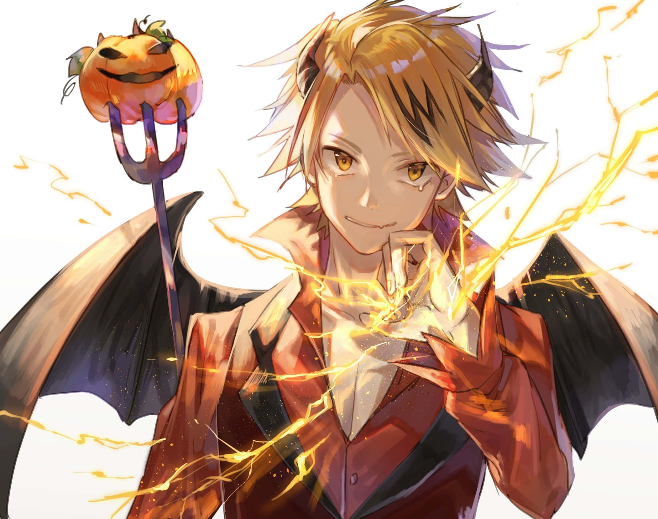 costume 桌布 壁紙 — 一個開心的動畫惡魔，擁有蝙蝠翅膀和角，揮舞著頂端有南瓜的乾草叉，同時散發著金色能量。