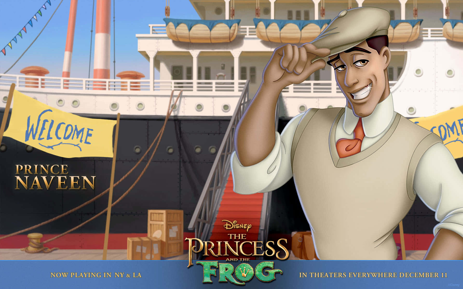 princess and the frog 桌布 壁紙 — 一個開心的動畫水手在碼頭的船上敬禮，帶有「歡迎」橫幅和電影標題疊加。
