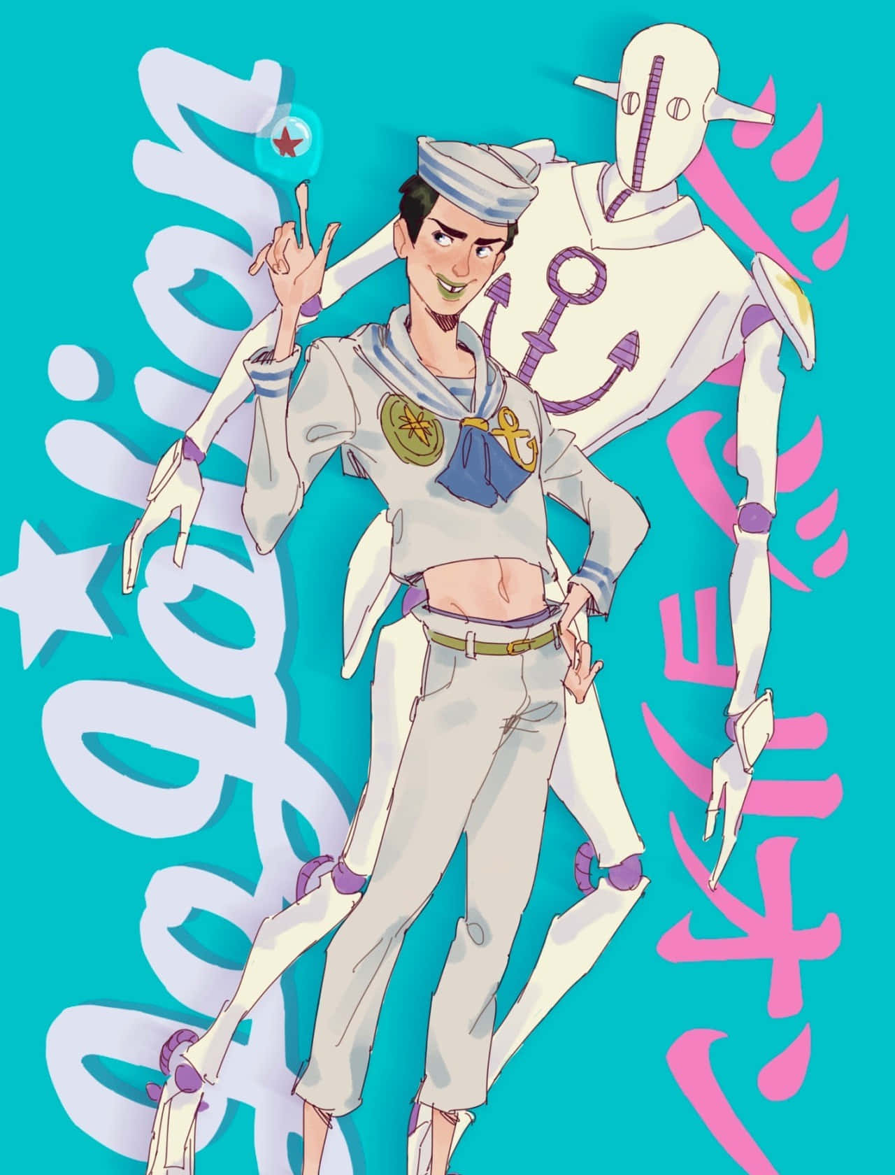 Jojolion 桌布 壁紙 — 一個開心的動畫水手男孩自信地與機器人同伴一起擺姿勢，背景是充滿活力的青綠色，帶有風格化的文字。