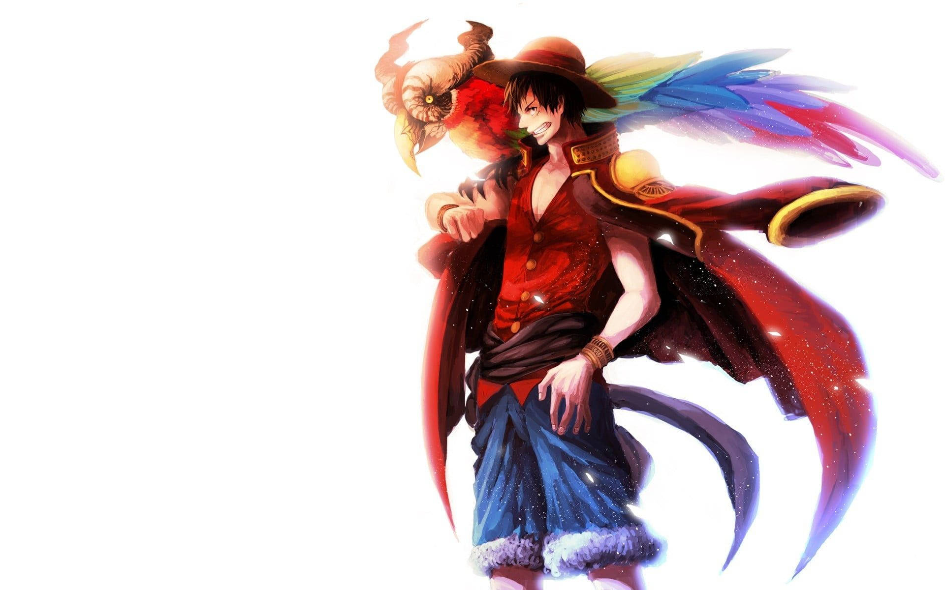 Luffy 桌布 壁紙 — 一個開心的動畫海盜，穿著紅色外套和彩虹翅膀，自信地站在白色背景前。