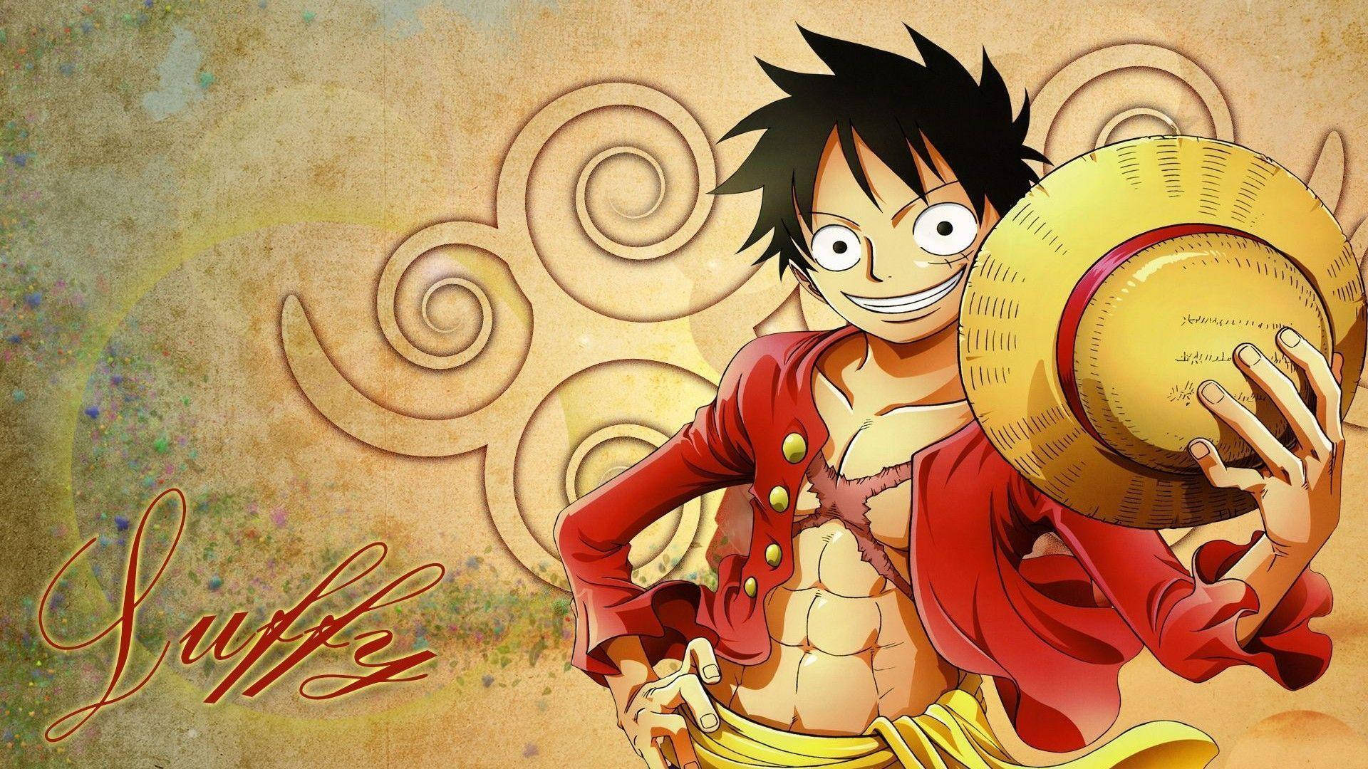 luffy 4K 桌布 壁紙 — 一個開心的動畫海盜，黑髮紅外套，在旋轉的金色背景前舉起他的草帽。