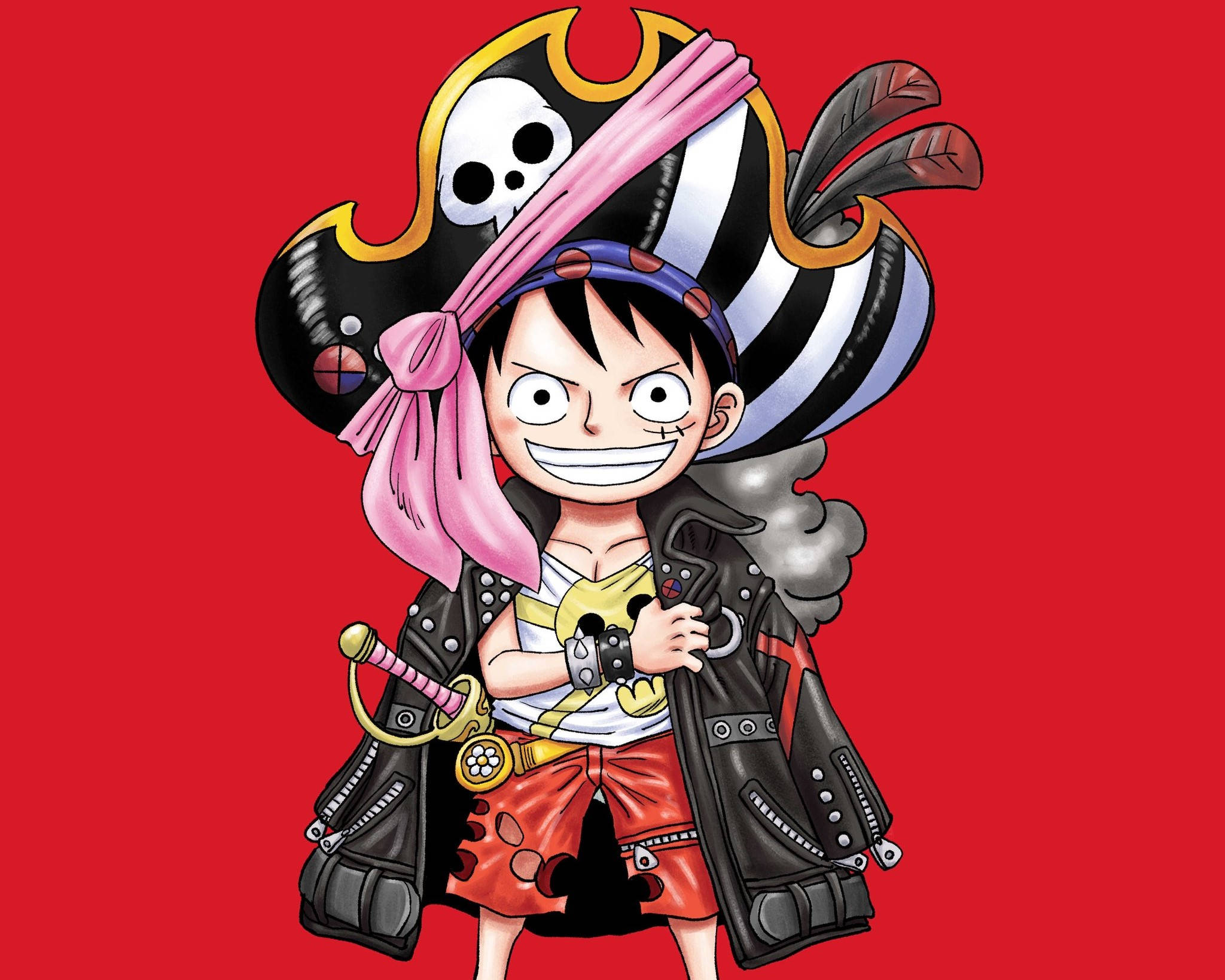 Luffy 桌布 壁紙 — 一個開心的動畫海盜男孩，戴著骷髏帽和粉紅色頭巾，自信地站在大膽的紅色背景前。