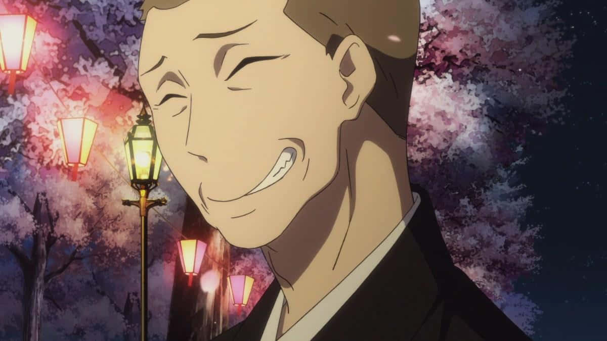 shouwa genroku rakugo shinjuu 桌布 壁紙 — 一個開心的動畫男人在夜晚盛開的櫻花中，在發光的燈籠下溫暖地微笑。