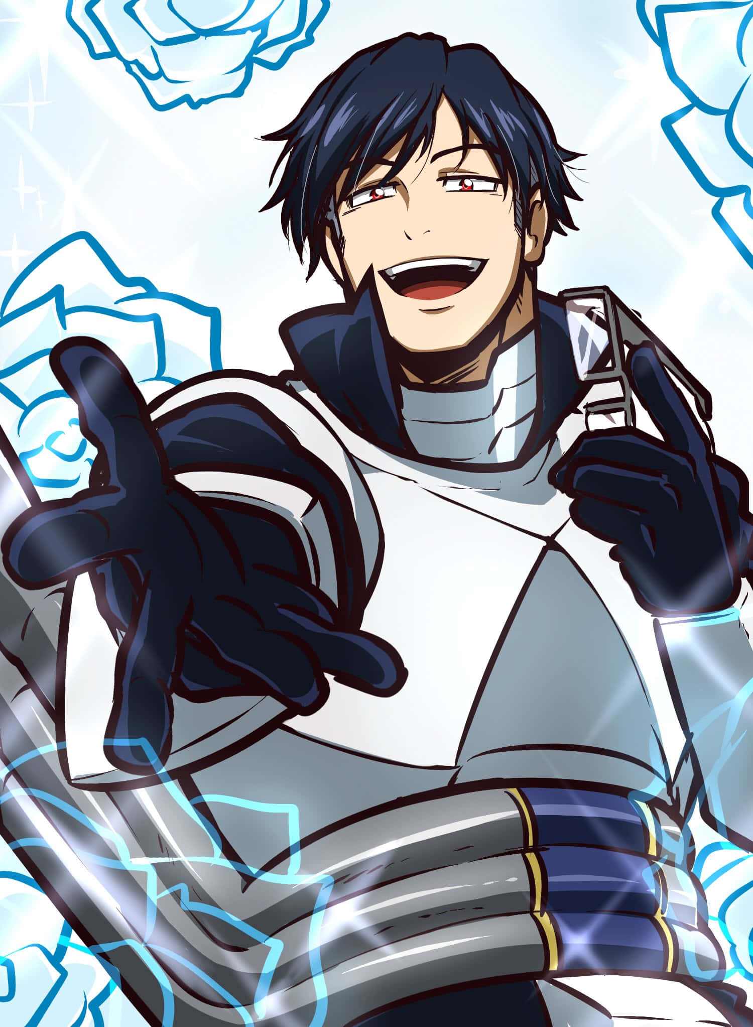 Tenya Iida 桌布 壁紙 — 一個開心的動畫男人穿著白色和藍色的裝甲服，微笑著手持發光裝置，背景閃爍並有漂浮的玫瑰。
