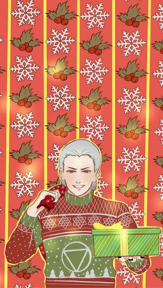 桌布 壁紙 — 一個開心的動畫男人穿著節日毛衣，在紅色背景上拿著禮物，背景有雪花和冬青。