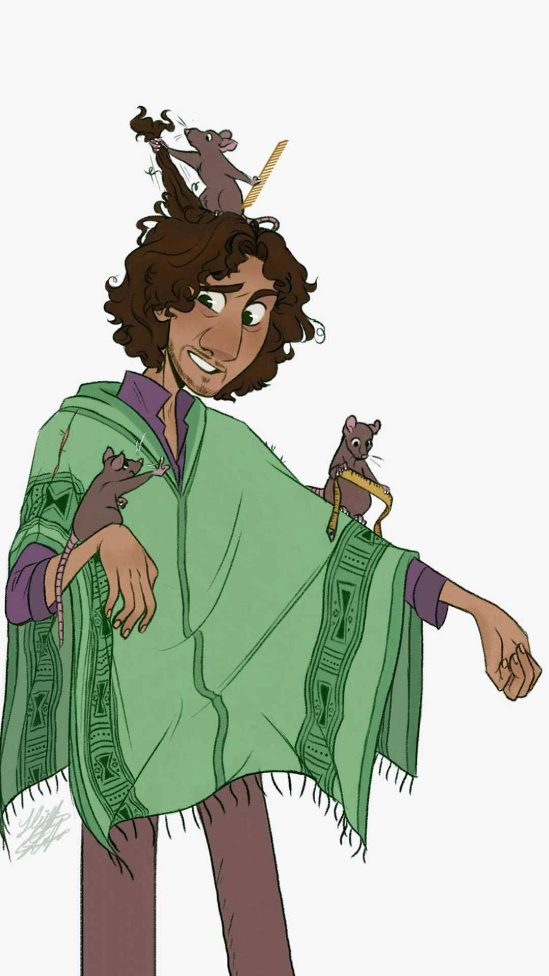 Bruno Encanto 桌布 壁紙 — 一個開心的動畫男子，捲髮，穿著綠色圖案斗篷，三隻老鼠頑皮地停在他的頭和肩膀上。