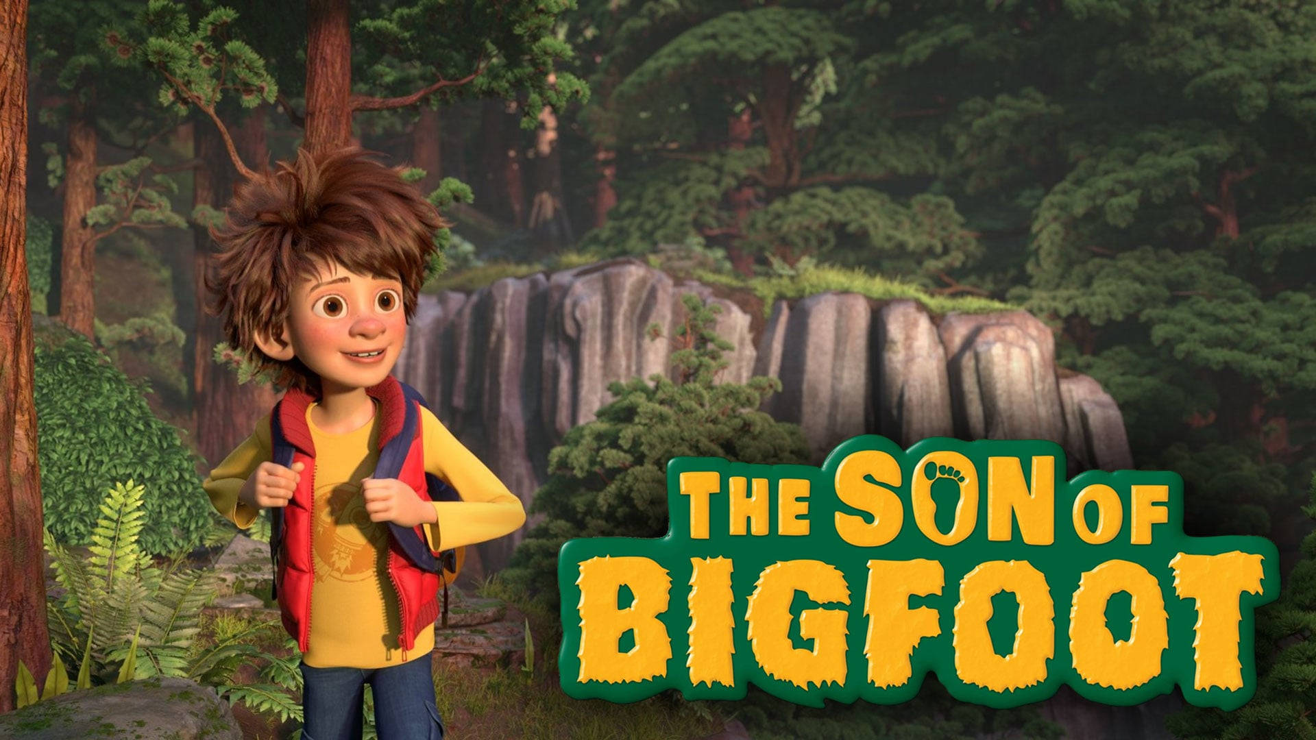 Bigfoot 桌布 壁紙 — 一個開心的動畫男孩，一頭亂糟糟的棕色頭髮，站在茂密的森林中，身後有蕨類植物和岩石懸崖，標題「The Son of Bigfoot」以粗體黃色和綠色字母閃耀。