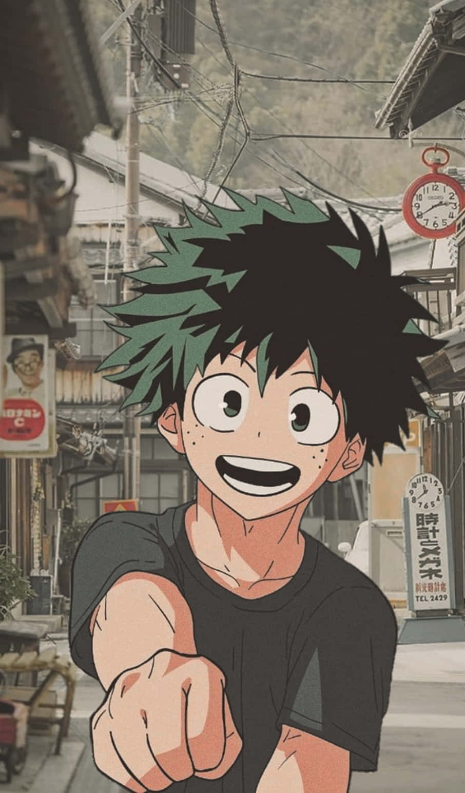 Deku Phone 桌布 壁紙 — 一個開心的動畫男孩，帶有尖尖的綠色頭髮，在雨中的日本街景中向前指。