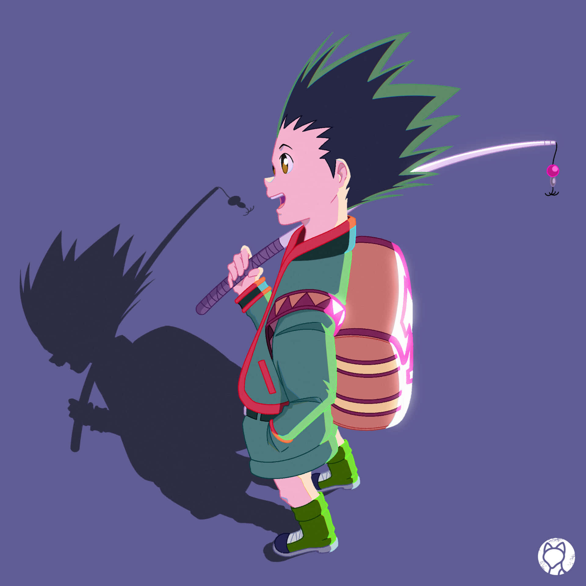 桌布 壁紙 — 一個開心的動畫男孩，擁有尖刺的綠色和黑色頭髮，手持釣竿，在純紫色背景前拋線。