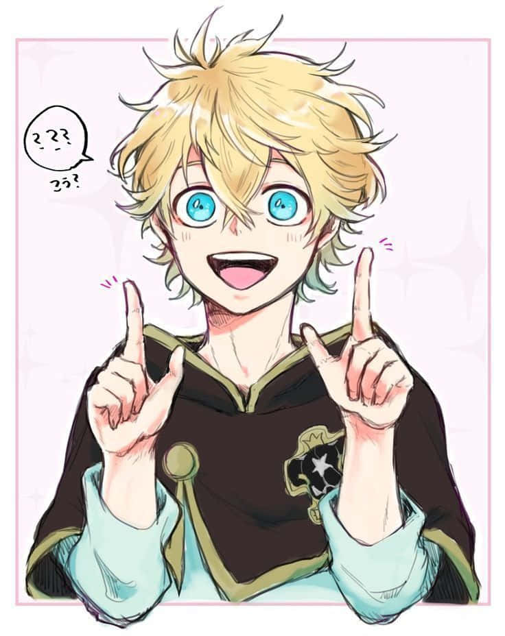 Luck Voltia 桌布 壁紙 — 一個開心的動畫男孩，擁有尖刺金髮和明亮的藍眼睛，咧嘴笑著，雙食指指向天空。