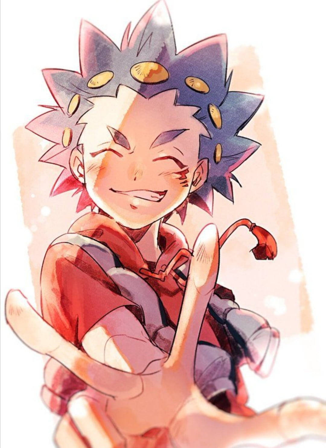 Beyblade 桌布 壁紙 — 一個開心的動畫男孩，擁有藍色尖刺頭髮和金幣，在柔和發光的背景前微笑著拿著紅色尖端的杖。