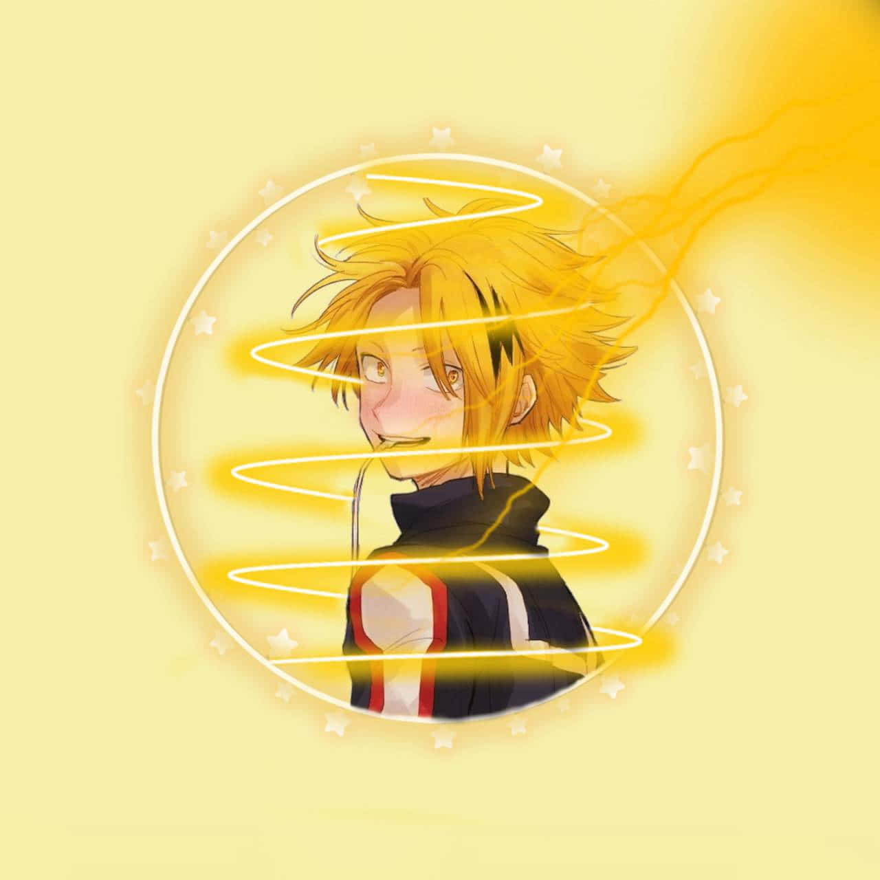 My Hero Academia Anime 桌布 壁紙 — 一個開心的動畫男孩，有著刺刺的金色頭髮，在一個發光的黃色螺旋圓圈內微笑，周圍環繞著星星。