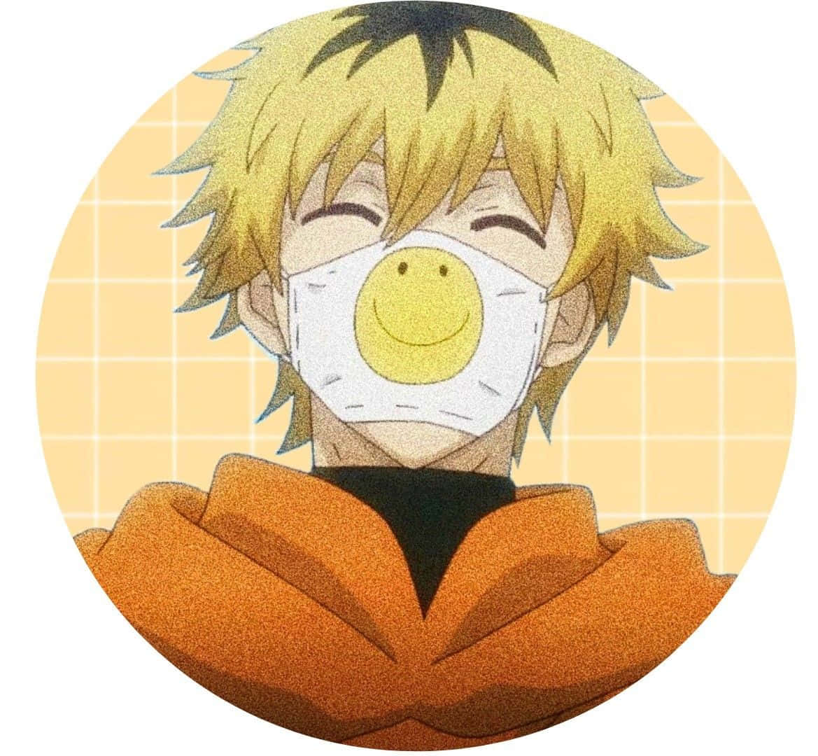 Hideyoshi Nagachika 桌布 壁紙 — 一個開心的動畫男孩，有著刺刺的金色頭髮，戴著笑臉口罩和橙色連帽上衣，背景是柔和的黃色網格。