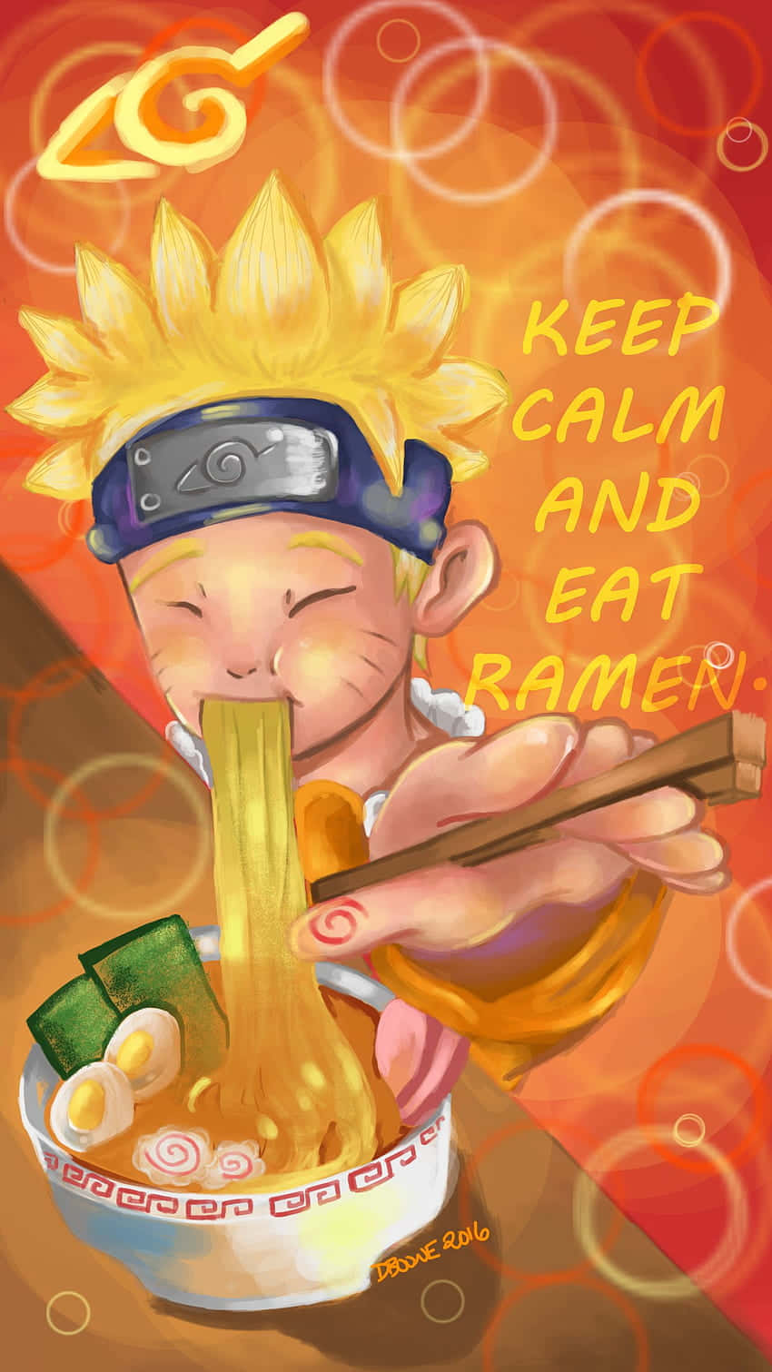 Naruto Ramen 桌布 壁紙 — 一個開心的動畫男孩，有著刺刺的金色頭髮，在溫暖的橙色背景前用筷子吃熱騰騰的拉麵。