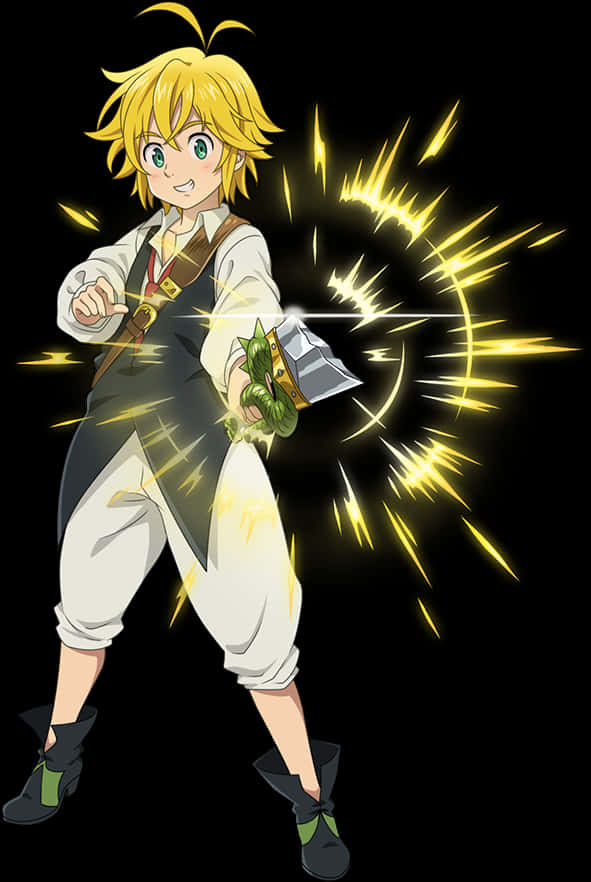 Meliodas 桌布 壁紙 — 一個開心的動畫男孩，有著刺刺的金色頭髮，在黑色背景上揮舞著發光的劍，伴隨著耀眼的黃色能量爆發。