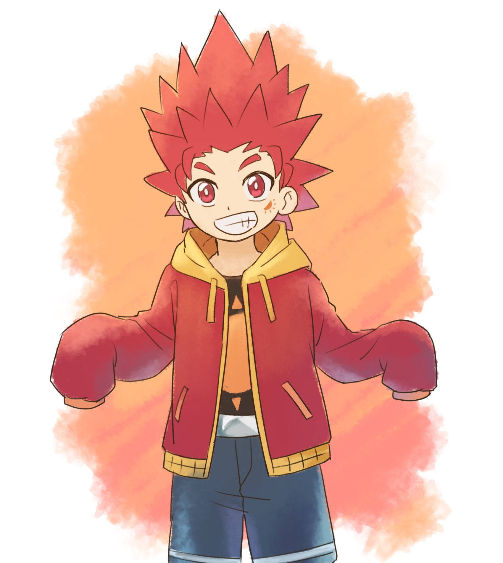 Beyblade 桌布 壁紙 — 一個開心的動畫男孩，有著尖刺的紅髮和紅眼睛，穿著紅色外套，內搭橙色連帽衫和藍色短褲，背景是溫暖的橙色水彩。