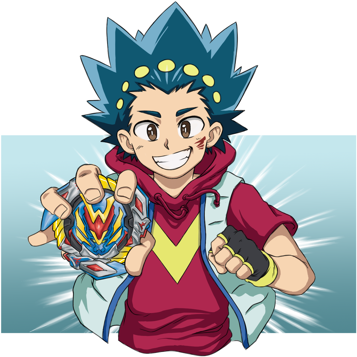 Beyblade 桌布 壁紙 — 一個開心的動畫男孩，有著尖刺藍色頭髮和黃色圓點，在發光的藍色背景前拿著一個色彩繽紛的Beyblade發射器。