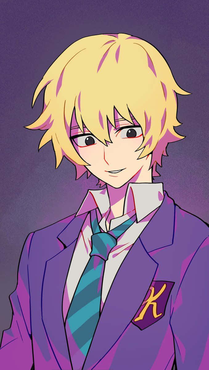 Teruki Hanazawa 桌布 壁紙 — 一個開心的動畫男孩，有著尖刺金髮和紅色眼睛，穿著紫色校服搭配青綠色領帶，背景是紫色漸變。