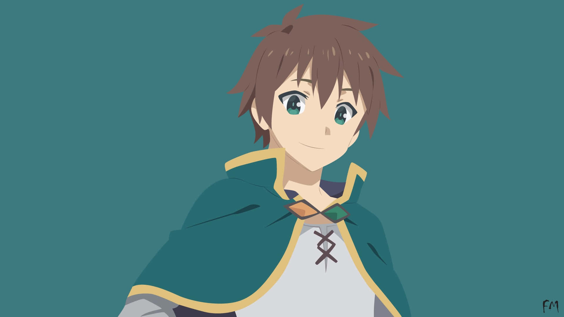 Konosuba 桌布 壁紙 — 一個開心的動畫男孩，棕色頭髮，綠色眼睛，穿著帶金色飾邊的藍綠色斗篷，背景是純藍綠色。