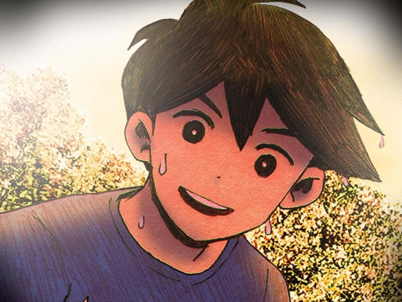 動畫男孩在秋葉中微笑，帶著汗珠。 — Omori GIF 壁紙